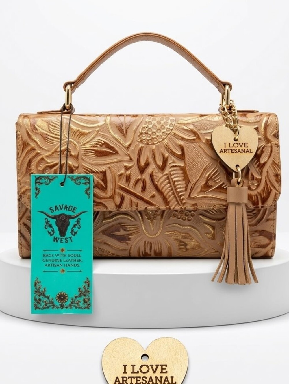 Savage West Genuine Leather Handtooled Floral Bronze Satchel Bag NWT